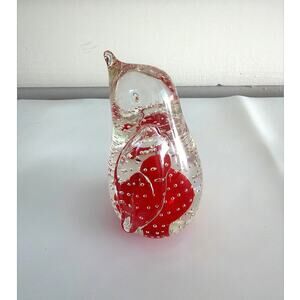 Vintage Ruby Red Bullicante Art Glass Penguin Paperweight Murano Style Figurine